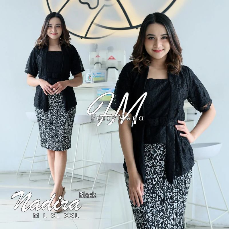 setelan kebaya modern kutubaru pita brukat nadira lengan pendek & rok pendek motif terbaru varian wa