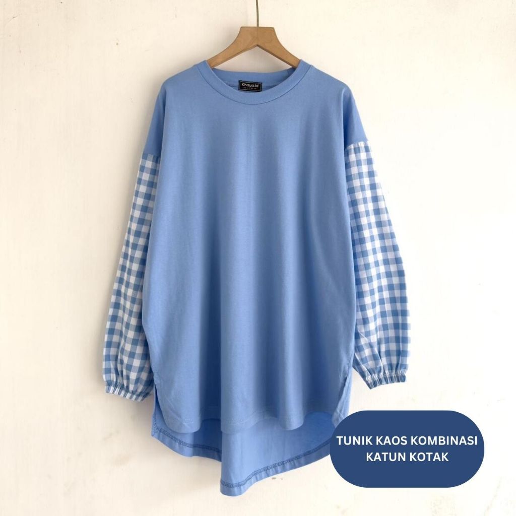 tunik kaos muslim/dress katun kotak kombinasi/dress kaos kotak/tunik kotak