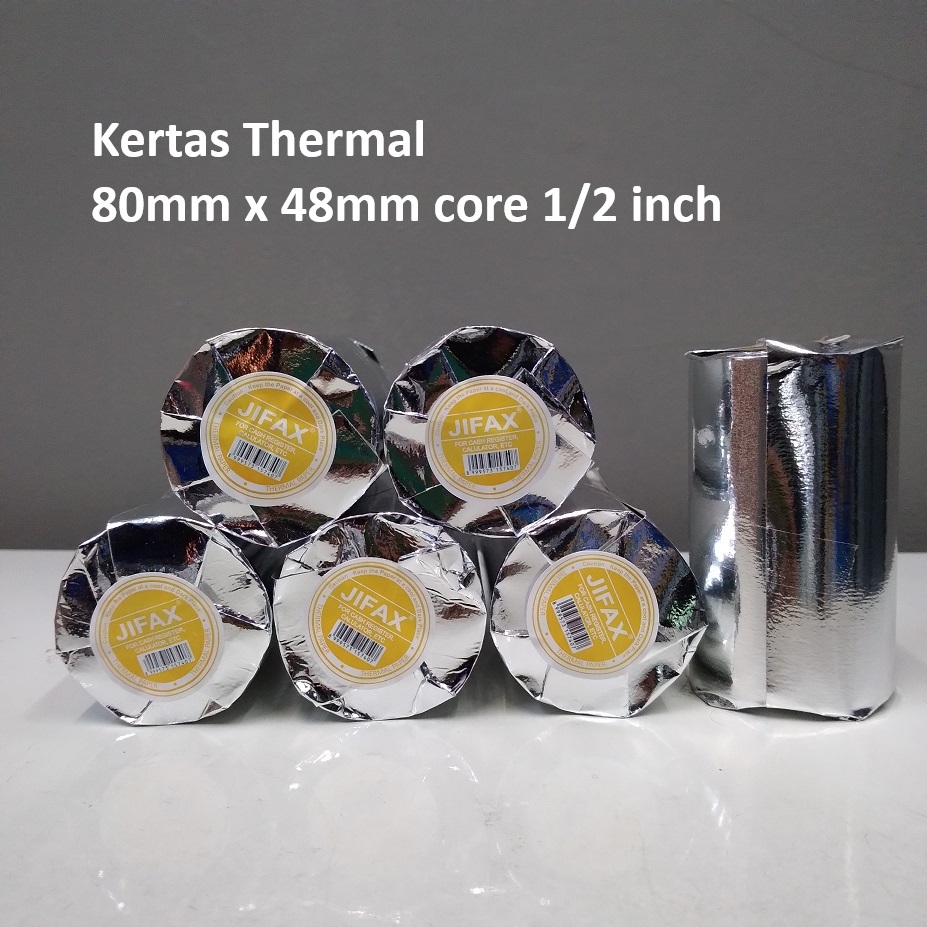 

Jifax Kuning 80x48mm core 1/2 inch Kertas Thermal 1 dus isi 100 roll