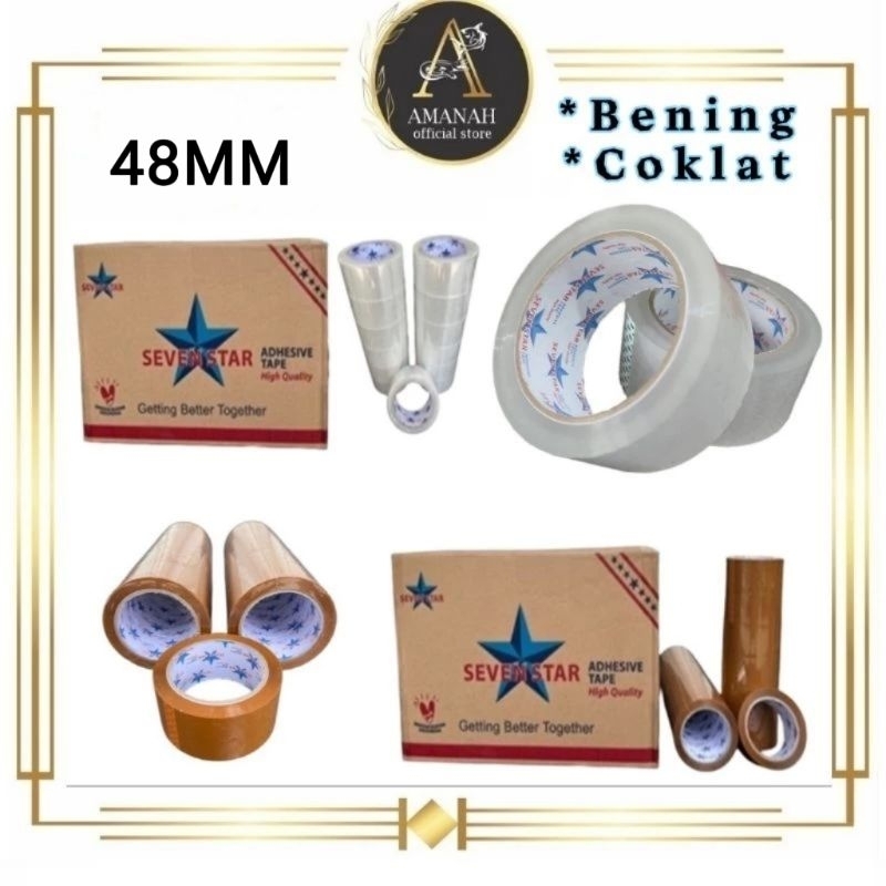 

Lakban Bening Lakban Coklat Packing Seven Star 2" Warna Bening / Coklat 90 Yard x 48MM Solatip Selotip Tape Isolasi Bening Putih kualitas Bagus Sevenstar
