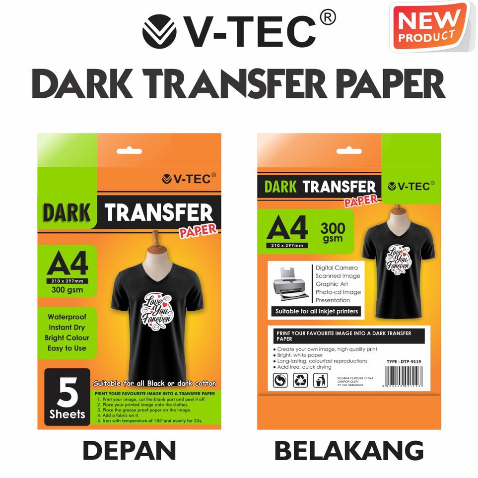 

TSHIRT TRANSFER PAPER DARK VTECH 5LEMBARPACK