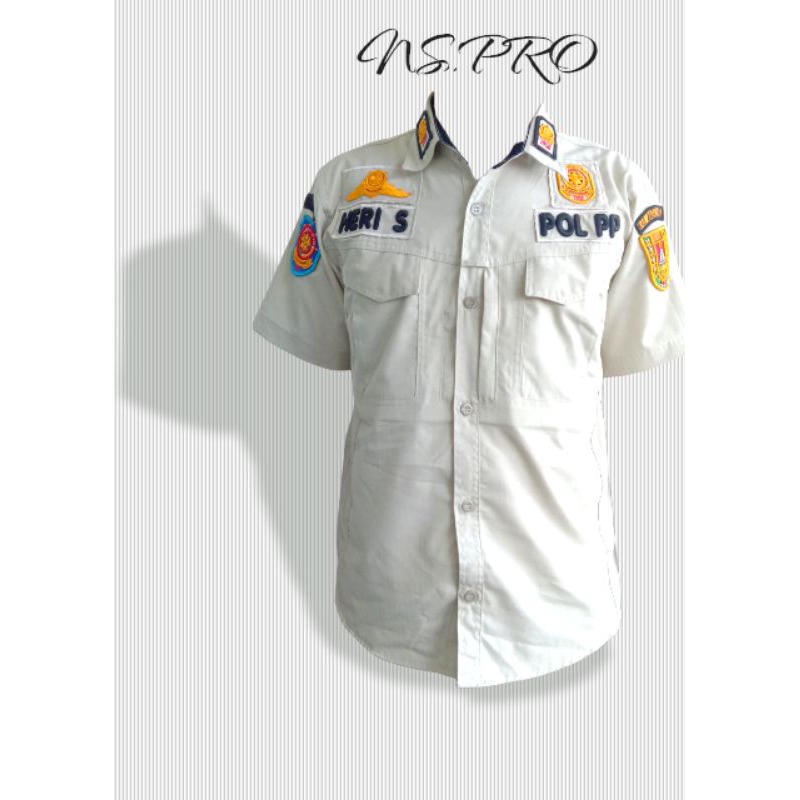 baju satgas cream satpol pp terbaru lengan pendek plus atribut timbul custom