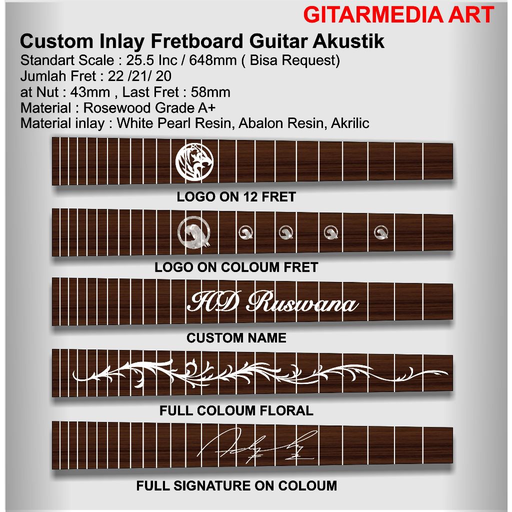 CUSTOM INLAY FRETBOARD GITAR AKUSTIK - FRETBOARD GITAR AKUSTIK CUSTOM INLAY  CUSTOM INLAY FRET GITAR
