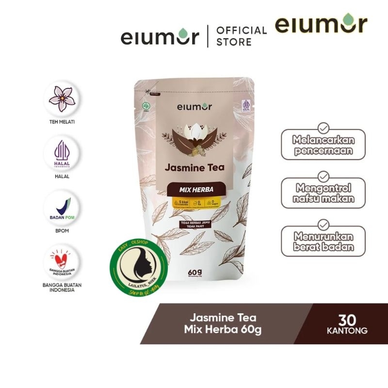 

Elumor Tea Jasmine mix Herbal 60gr(30pcs)/Teh pelangsing/Pelancar BAB/menekan nafsu makan