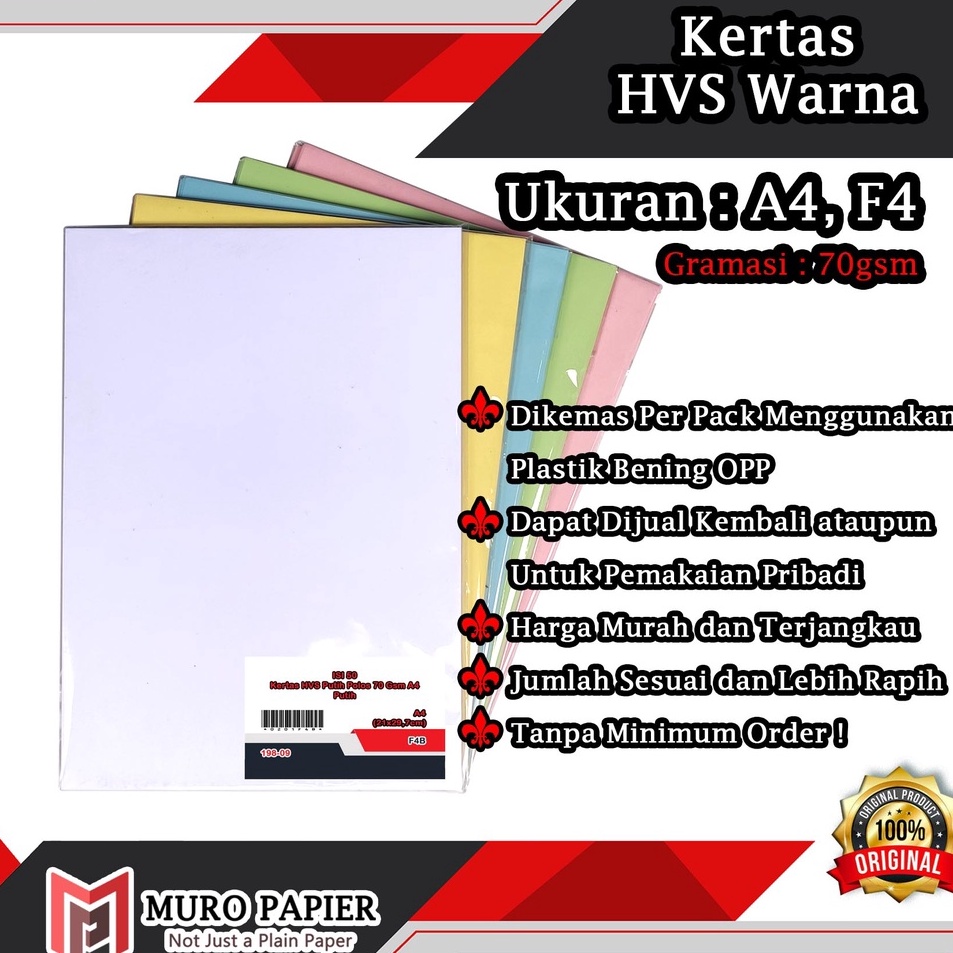 

Obral Laris PER PAK ISI 5 Kertas HVS Warna 7 gsm A4 F4 by Muro Papier