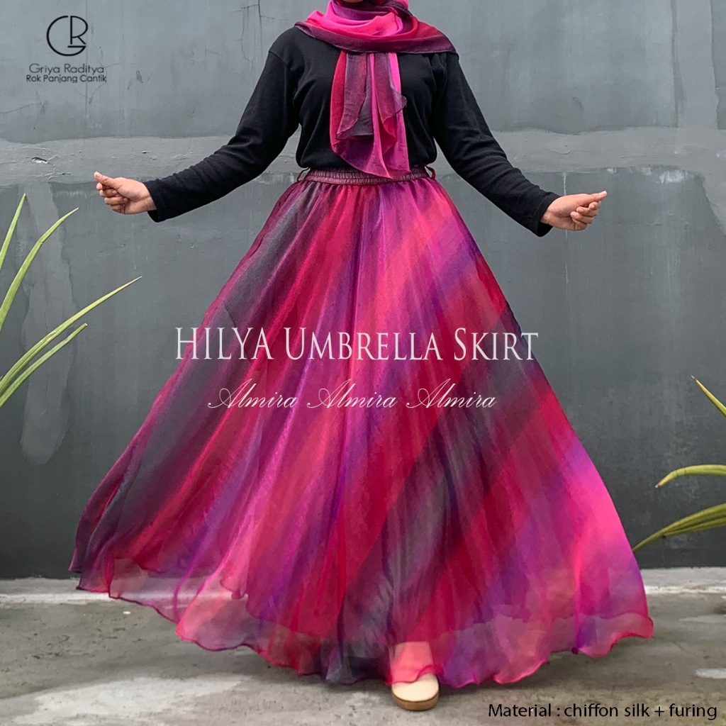 Rok  Hilya Panjang Payung Lebar Pesta Muslimah Lebaran Sifon Chiffon  Silk Gradasi Umbrella Skirt