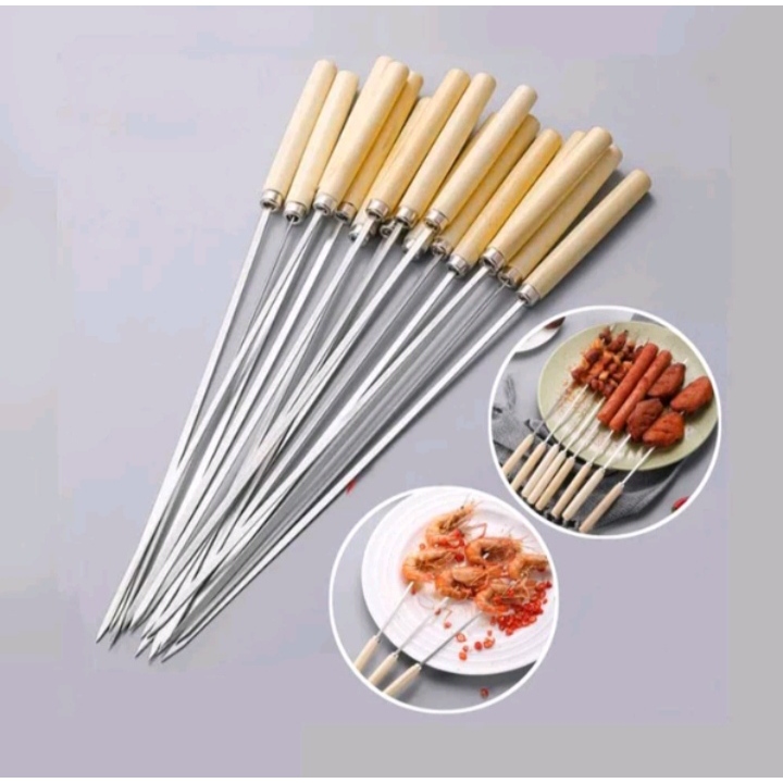 Tusuk sate stainless gagang kayu tusuk sate barbeque tusuk sate besi