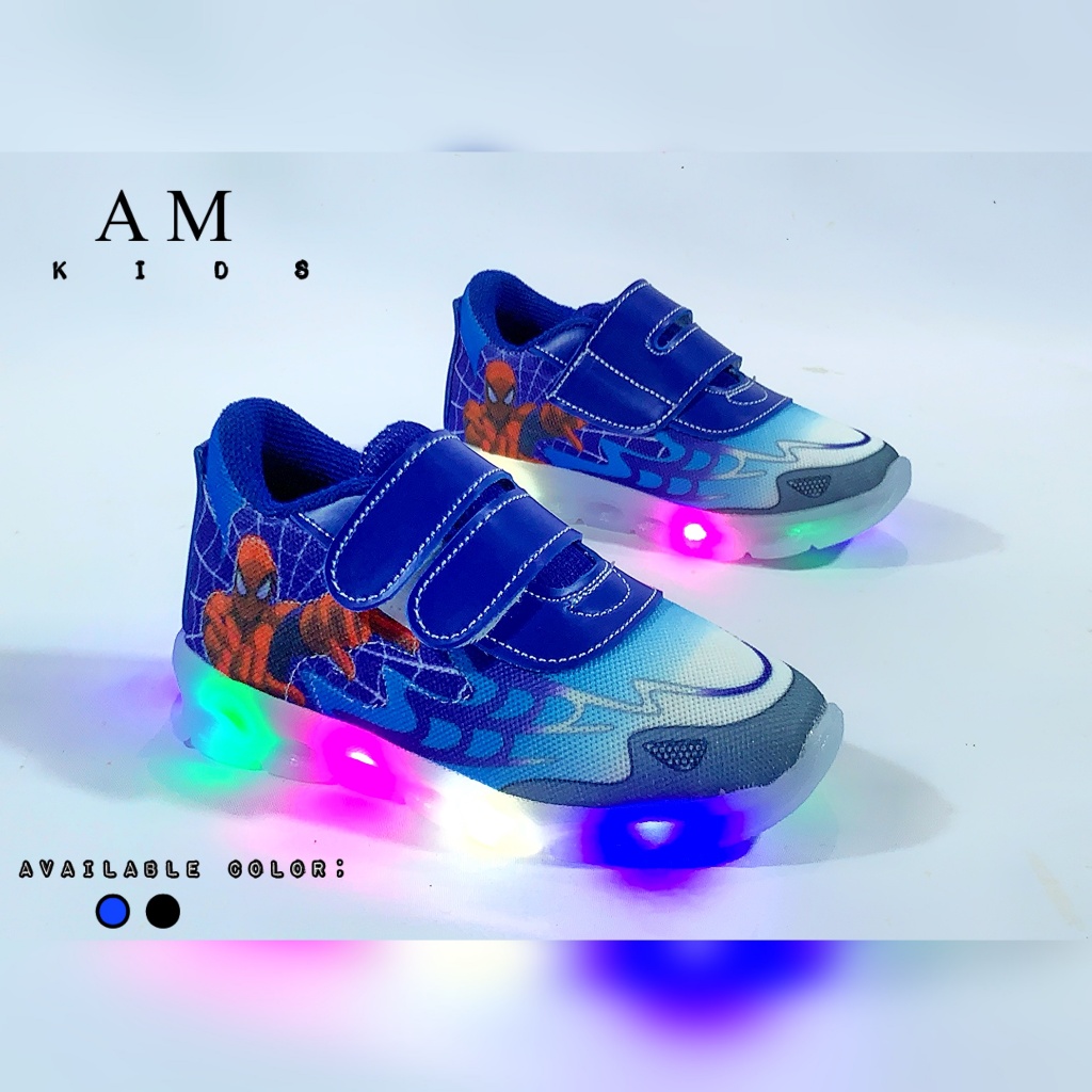 amshoes - Sepatu sneaker anak laki-laki LED Bergambar Spiderma Termurah umur 1-5 tahun