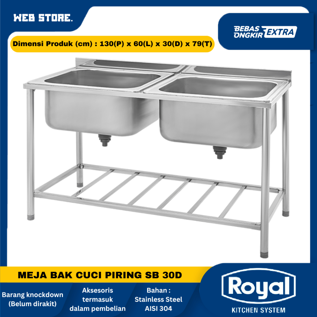 Meja Bak Cuci Piring Restoran 2 Lubang Dalam 30cm Kitchen Sink Jumbo Royal SB 30D Stainless 304