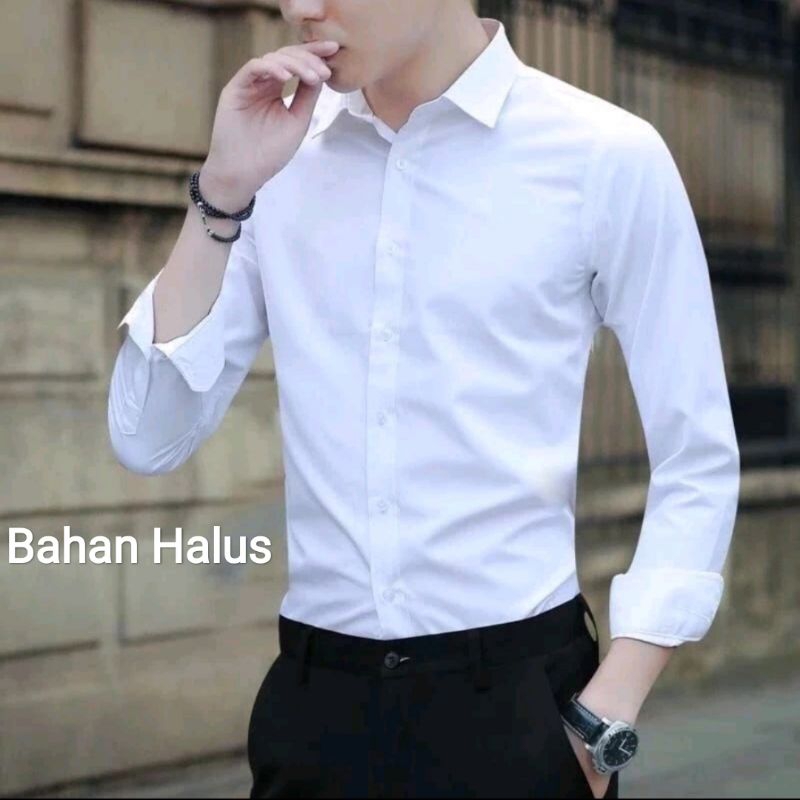 Baju Putih Polos Kemeja Pria Wanita Lengan Panjang bahan Halus licin