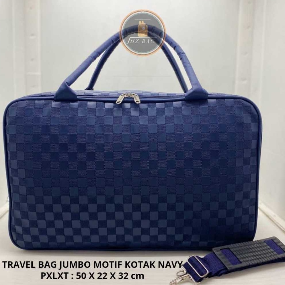 Siap Kirim Travel Bag Jumbo Kulit Waterproof Motif Kotak Warna NAVY  Tas Travel Bag Catur  Tas Koper