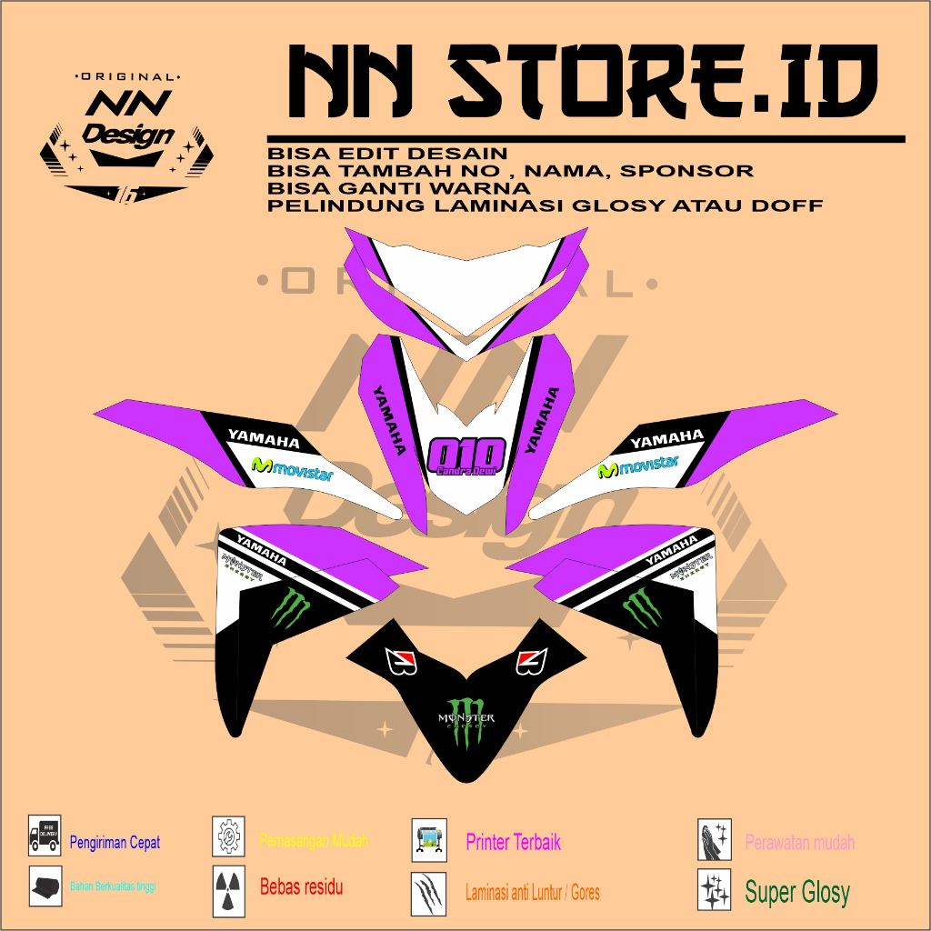 DECAL/STIKER MIO M3 TERBARU FULLBODY VARIASI UNGU-HITAM-PUTIH,BISA REQUEST NOMOR, TAMBAH NAMA DLL