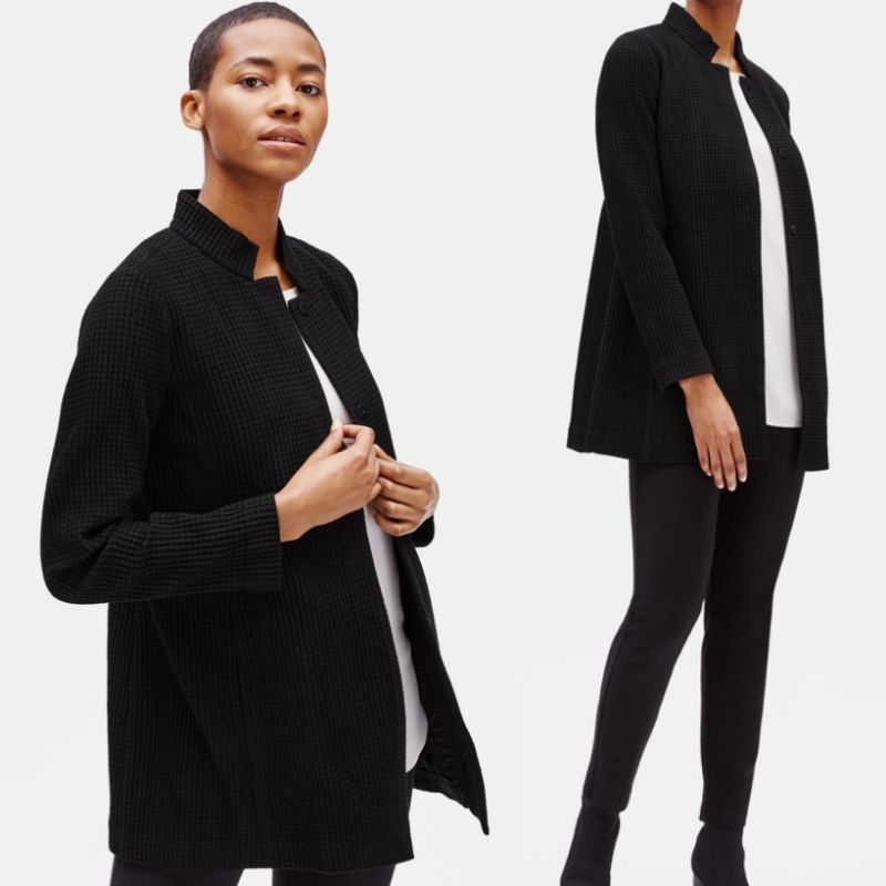 Eileen Fisher Cotton Tencel Stretch Grid Long Jacket