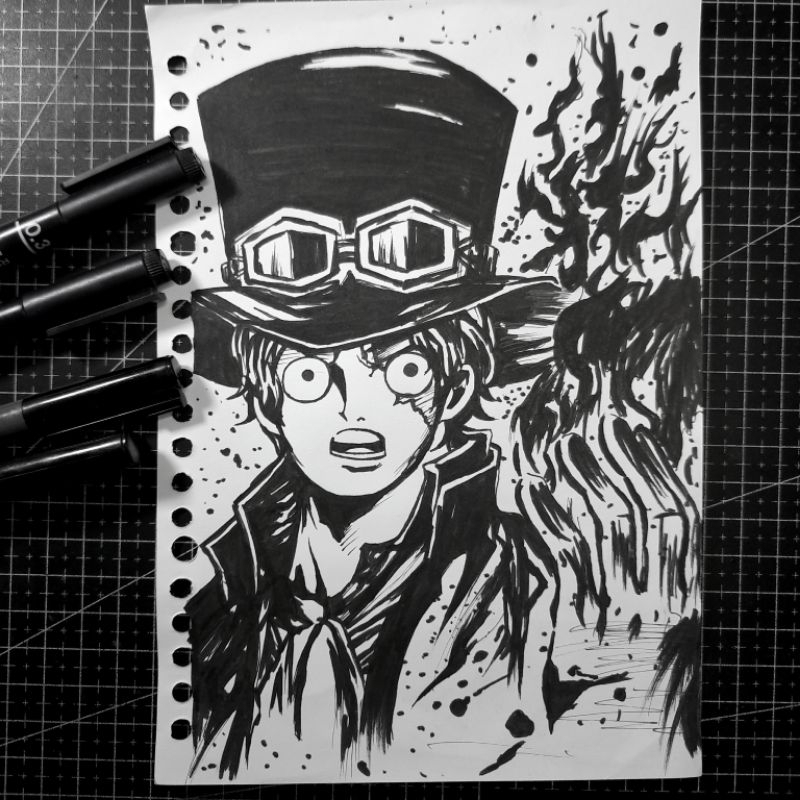 

gambar sabo one piece sketsa arsir drawing pen A5