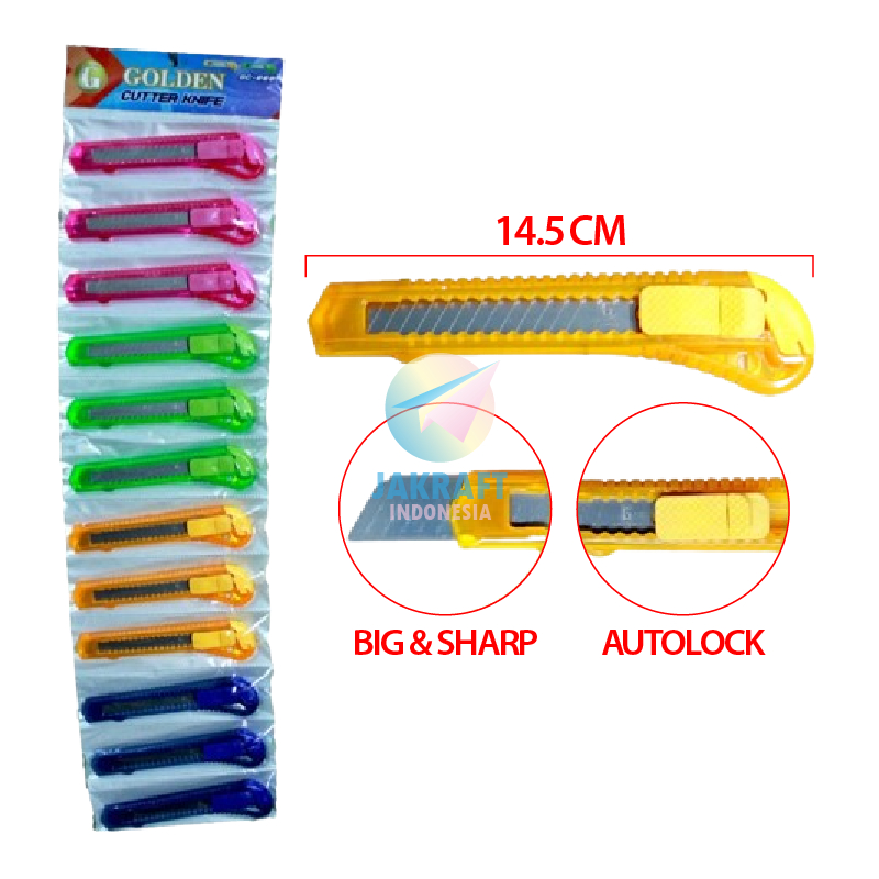 

(12 Pcs) Per Renceng Cutter Besar Murah GOLDEN GC-888 Warna Warni Bening Transparan Tajam Bisa Refill & Lock