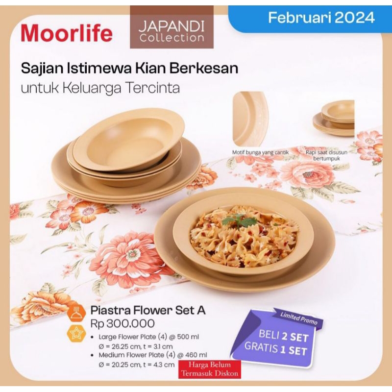 MOORLIFE PIASTRA FLOWER SET (4 piring + 4 mangkok)