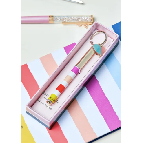 

Kate Spade Stationery Navy Floral Metal Ink Pen Key Fob, Black Ink Ballpoint Keychain Pen Brushstroke hearts Garden toss