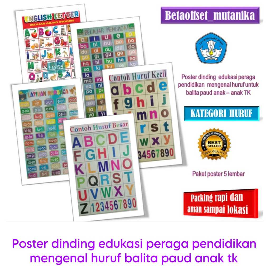 Poster dinding edukasi paket pendidikan mengenal huruf balita paud anak