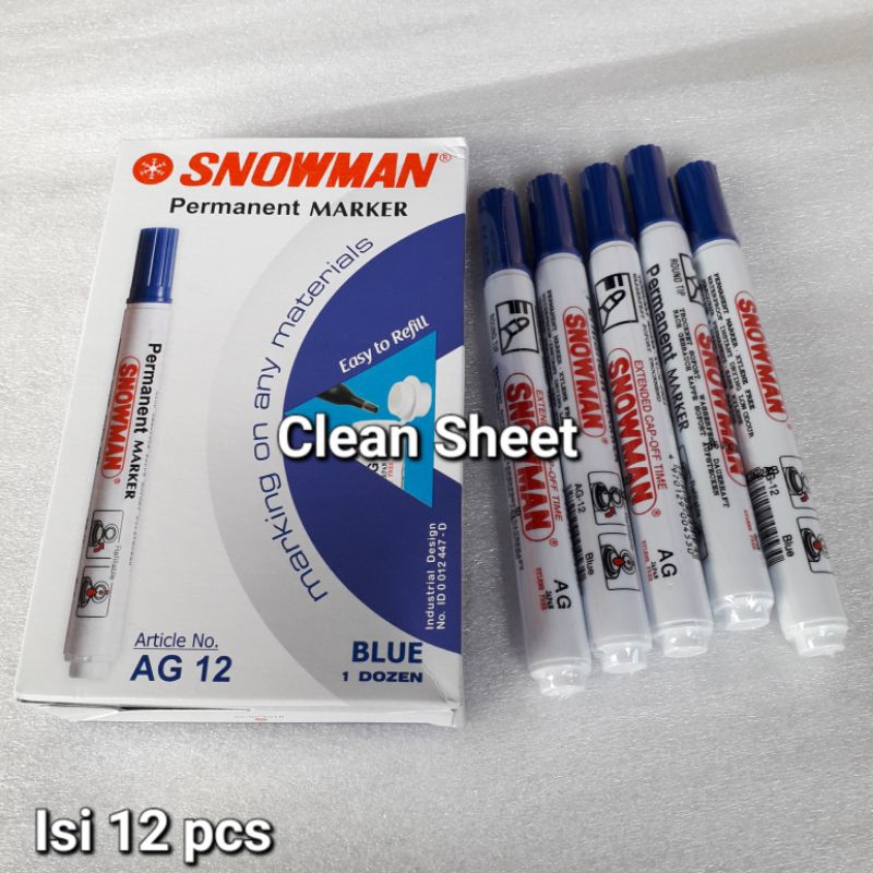 Spidol snowman permanen AG12 biru(Harga/1 kotak,isi 12 pcs)