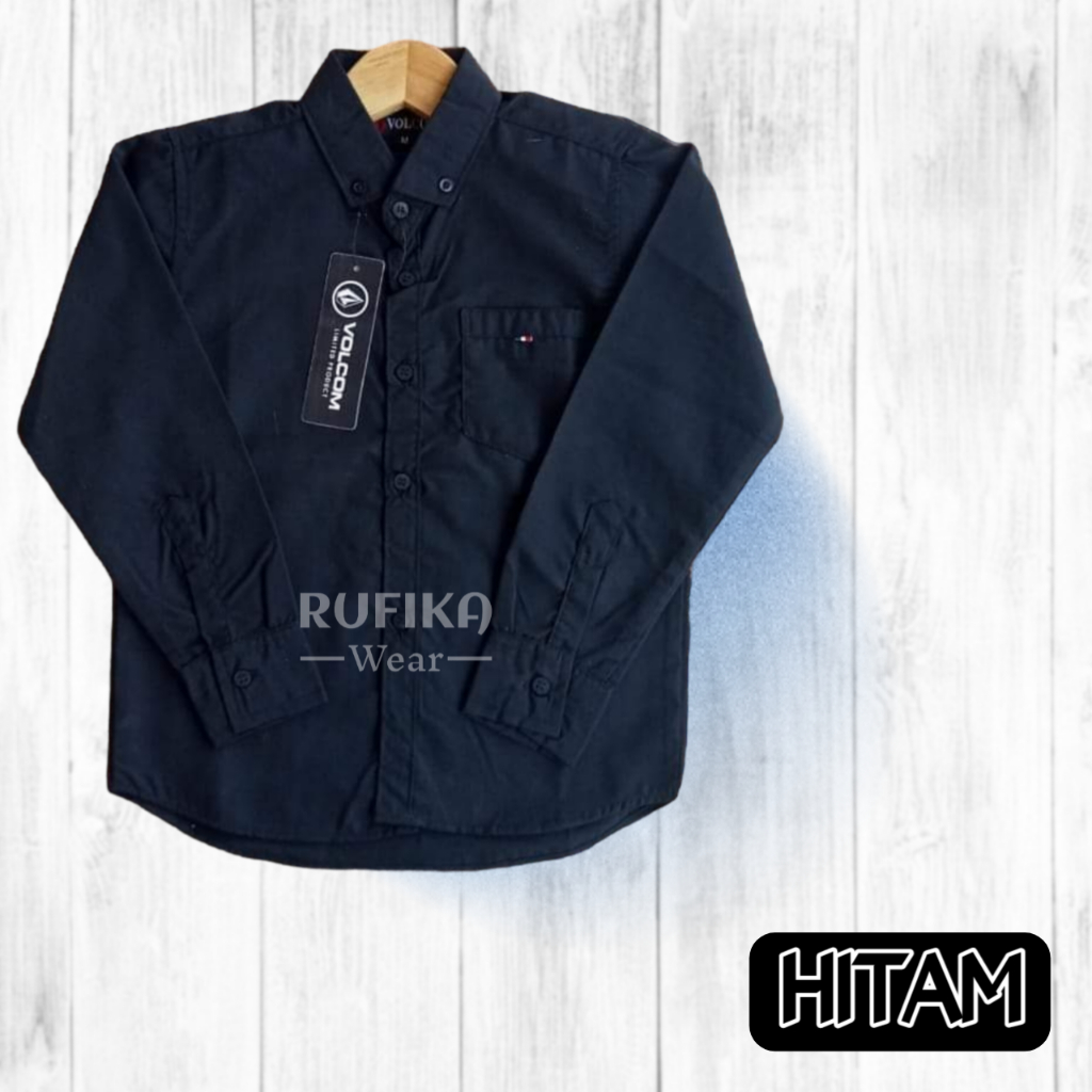 Baju Kemeja Hem Anak Laki Laki Warna Hitam Polos Lengan Panjang Katun Tebal Kualitas Premium R076