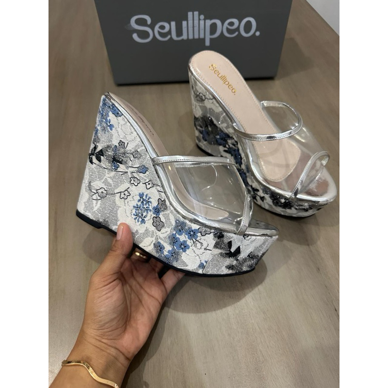 Sandal wedges 15 cm motif bunga mika transparan premium