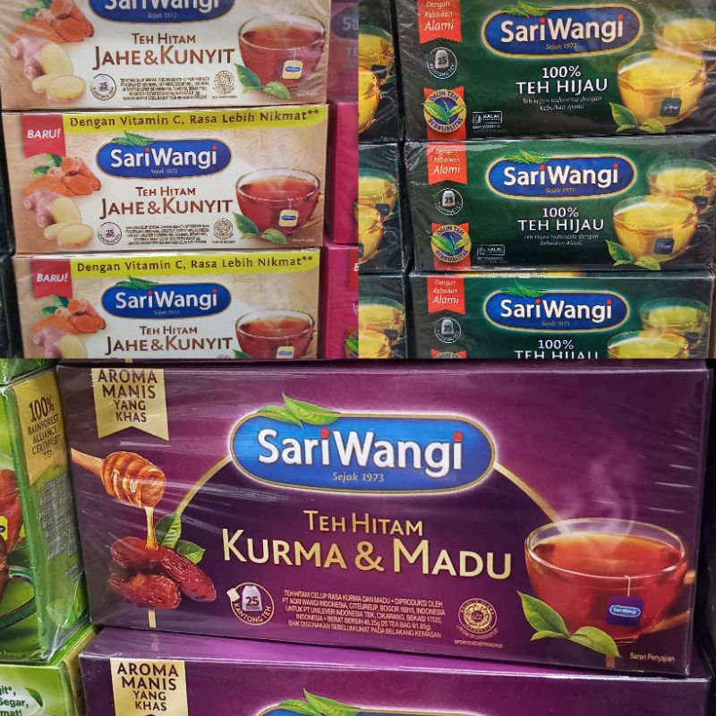 

TEH SARIWANGI 25 KANTONG TEH JAHE KUNYIT TEH HIJAU KURMA MADU TEH MAWAR