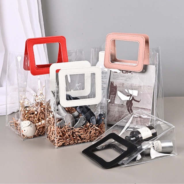 

Tas Mika PVC Handle Kulit | Goodie Bag Hampers | Gift Bag | Kantong Souvenir Ulang Tahun Transparant Bening