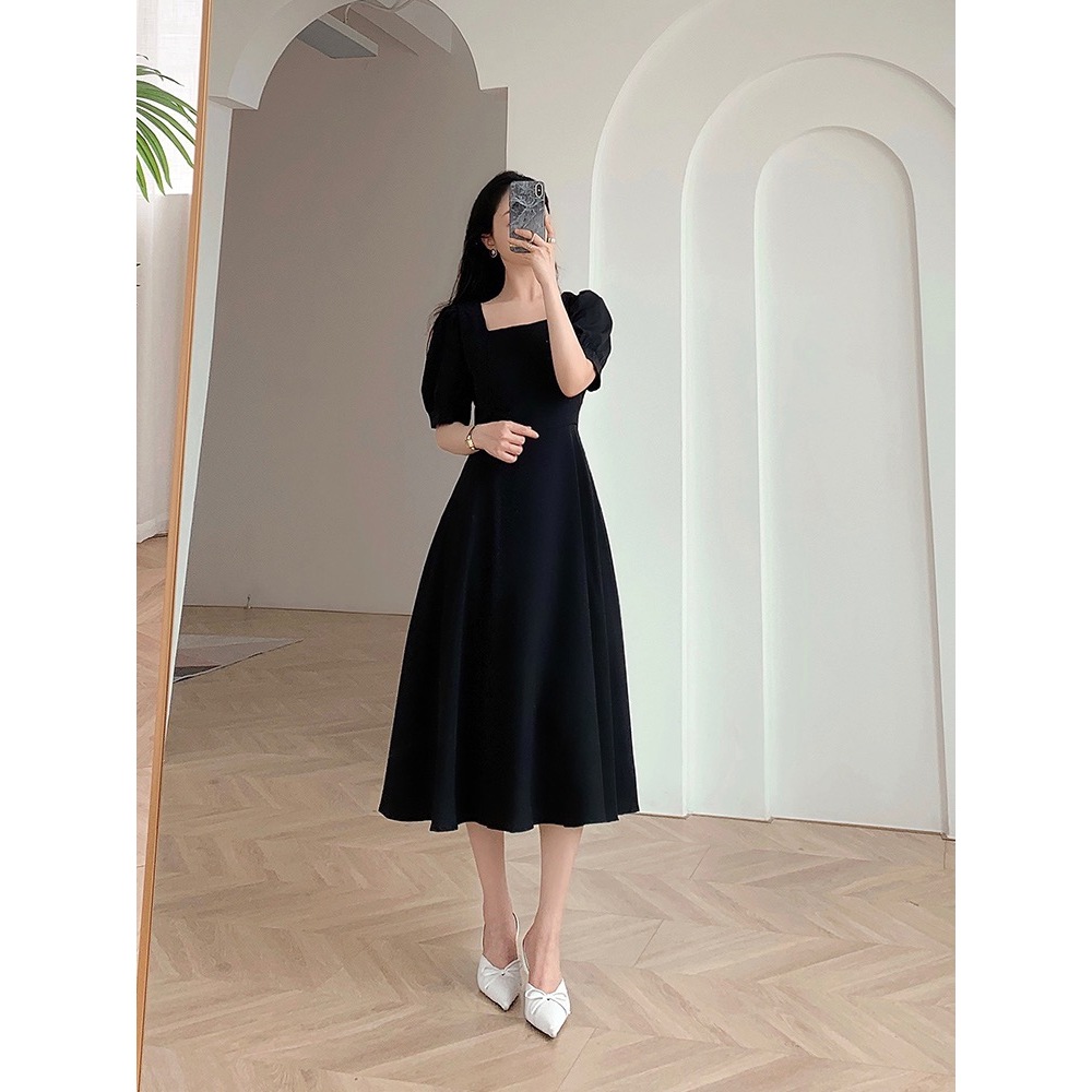 Gaun Lengan Putri Elegan, Panjang Hitam Ukuran Plus Gaya Korean Style, Gaun Gereja Retro, Dress Form