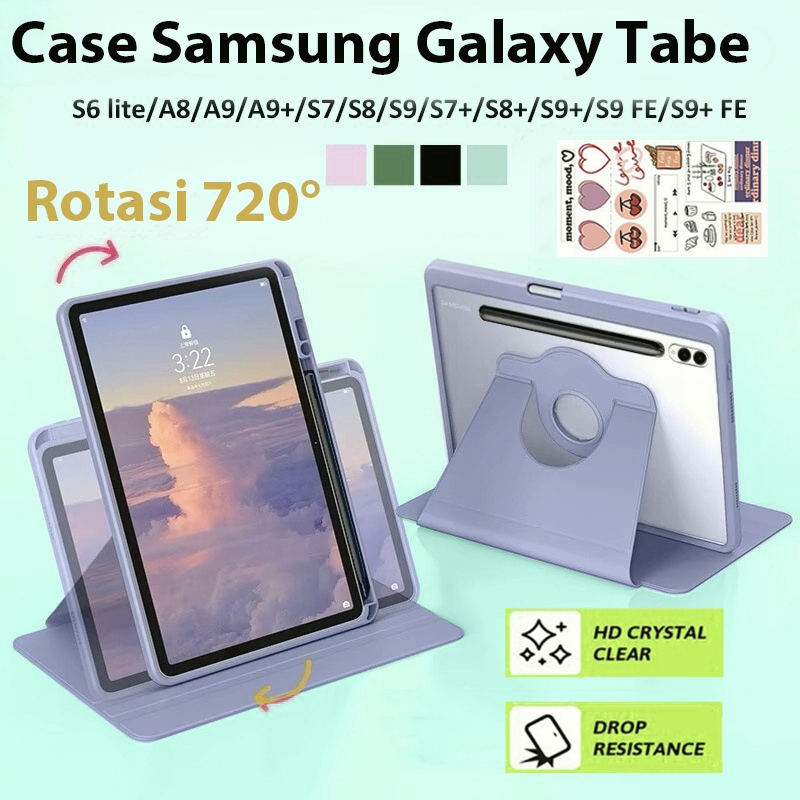 Casing Samsung Galaxy Tab S6 720°Rotate Flip Case With Pen Slot A9 S9 PLUS Autolock Foldable Cover S7/S8  Acrylic Crystal Clear Protective Tablet Holde