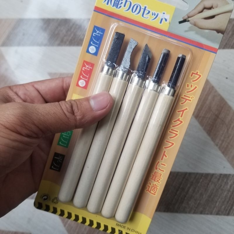 Pahat Ukir mini 5 PCS gagang kayu