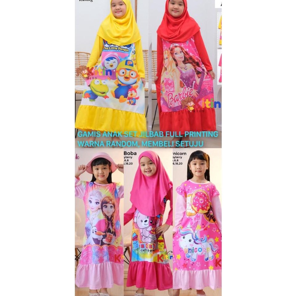 Diskon OP  GAMIS ANAK PRINTING SET HIJAB 311 TAHUN BAJU NGAJI ANAK PEREMPUAN MUSLIM MOTIF BT21 BOBA 
