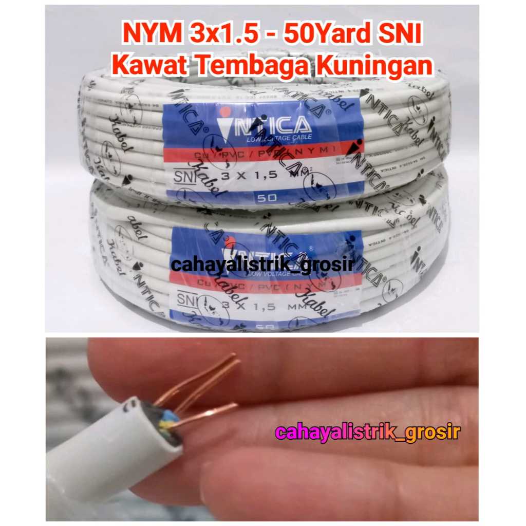 INTICA Kabel Listrik Kabel Engkel Kawat Tembaga Kuningan INTICA Nym 3x1,5 (50Y) SNI PLN