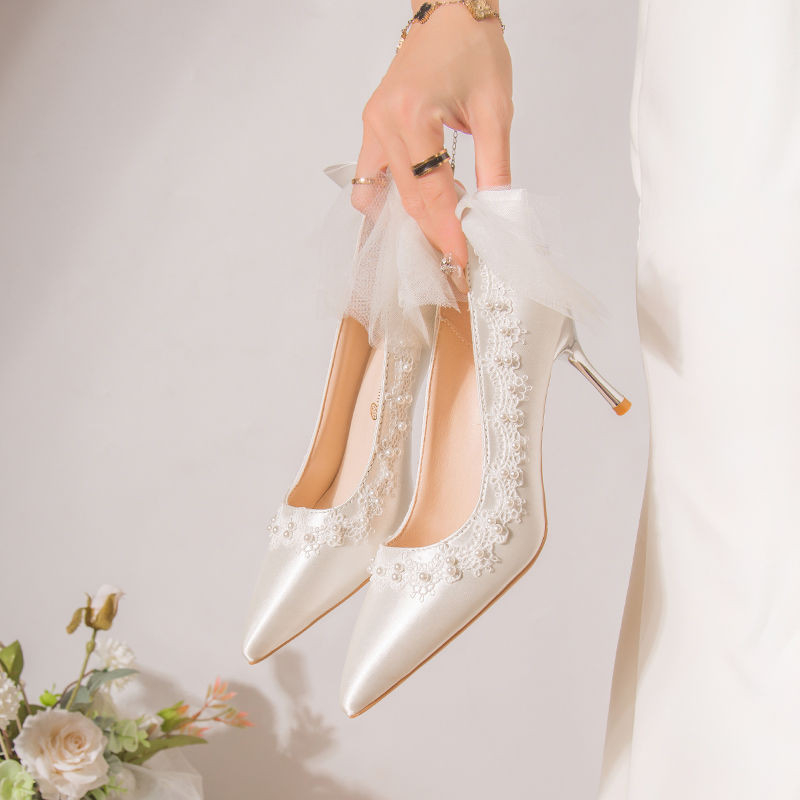 French Wedding Shoes Women's Fine Heels White Satin Lace Lace High Heels Bridal Shoes