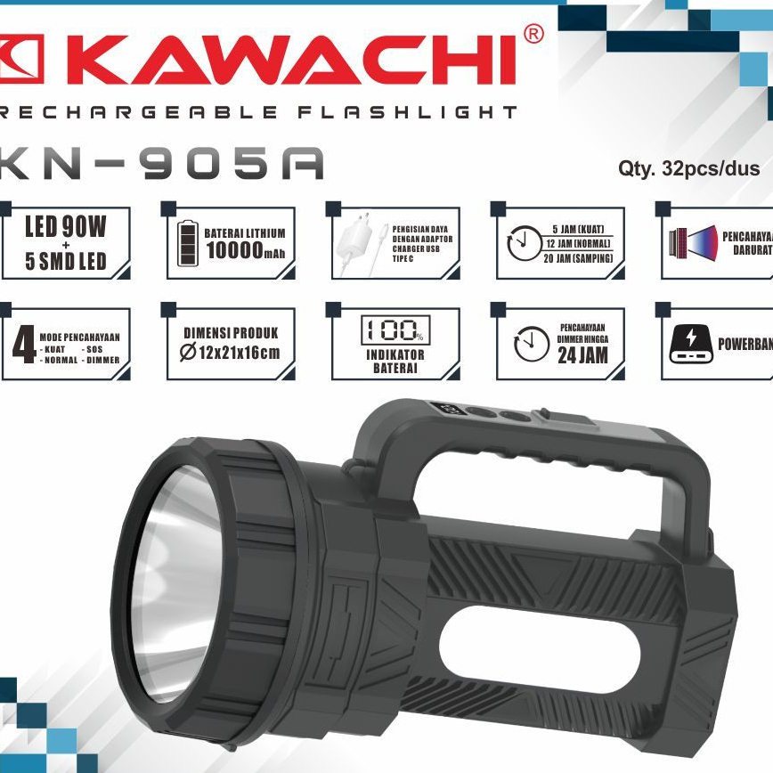 SENTER TENTENG BESAR KAWACHI  90WATT + 5 SMD LED KN-905