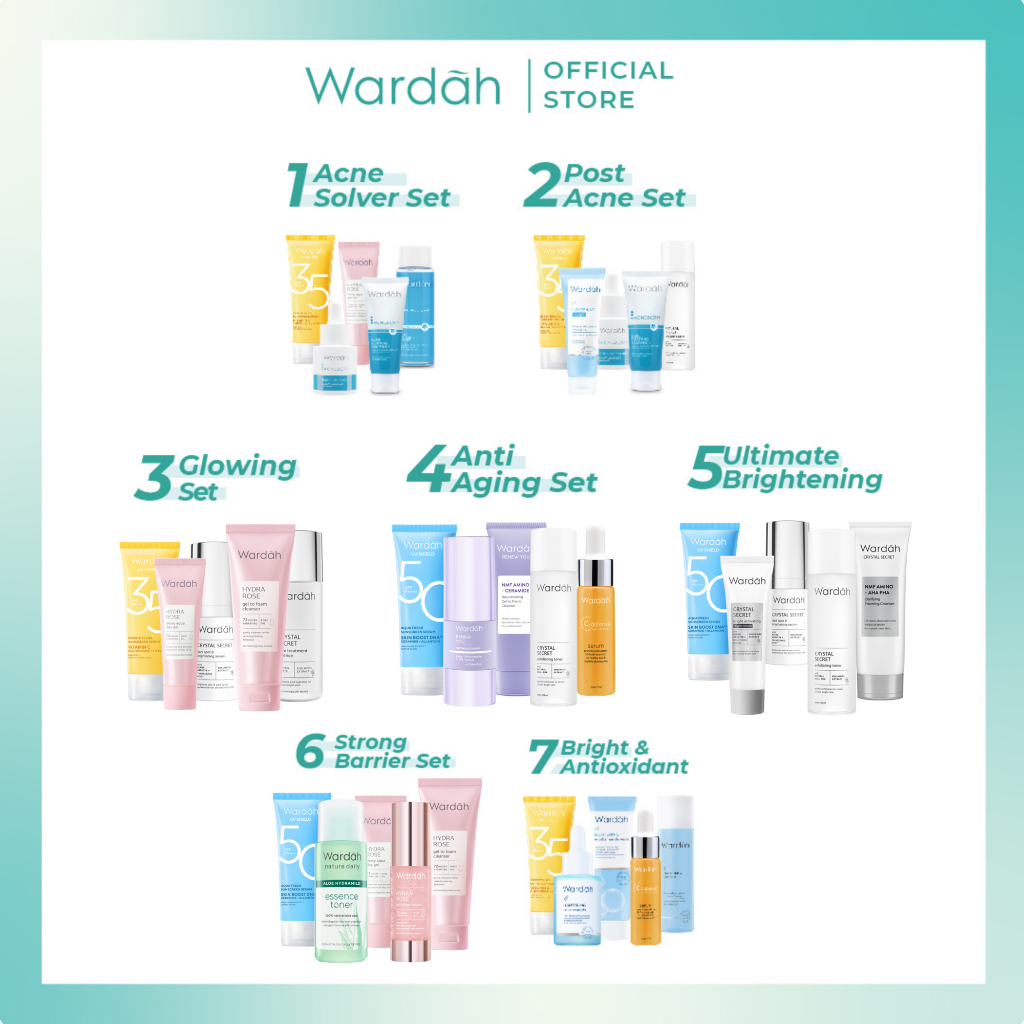 Paket Skincare Wardah Isi 5 pcs - Face Wash, Toner, Moisturizer Gel, Serum, &amp; Sunscreen Paket Solusi Masalah Kulit