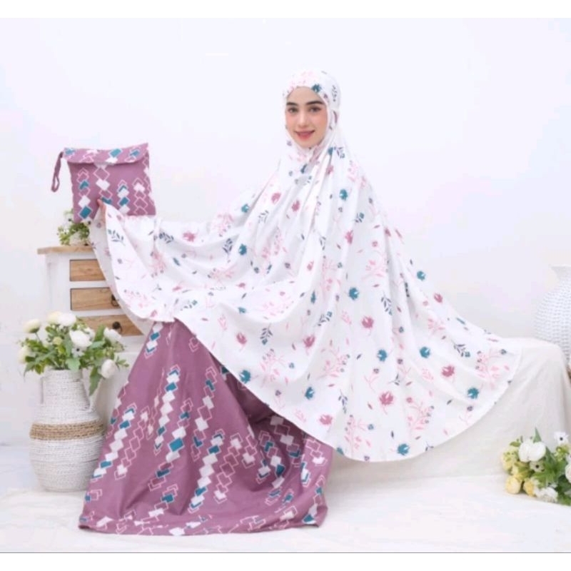 Mukena Rayon Motif Daun Rambat Dasar Putih