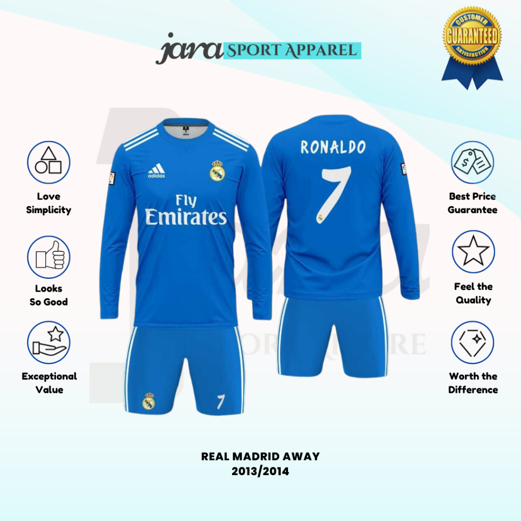Stelan Sepak Bola Jersey REAL MADRID AWAY 2013-2014 Lengan Panjang Full Printing Free Custom Nama