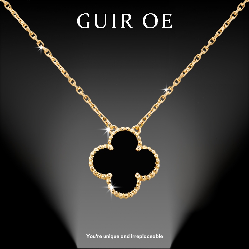 Kalung Semanggi Hitam Emas 17K, Kalung Wanita Onyx Hitam - Kalung Pasangan - Kado Ulang Tahun Wanita