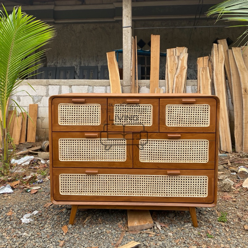 DRAWER KAYU JATI KOMBINASI ROTAN BUFET DRAWER BUFFET LACI ROTAN