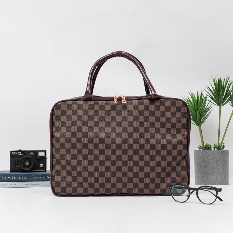 TRAVONTA | WTS | Travel Bag Motif Kotak Coklat | Travel Bag Wanita | Tas Koper Wanita | Tas Mudik | 
