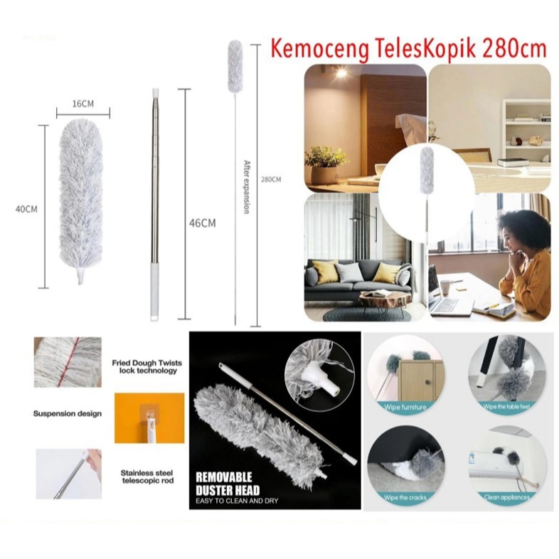 Kemoceng Microfiber Teleskopik 280cm Alat Pembersih Debu Kotoran Langit Langit Rumah Serbaguna Gagan