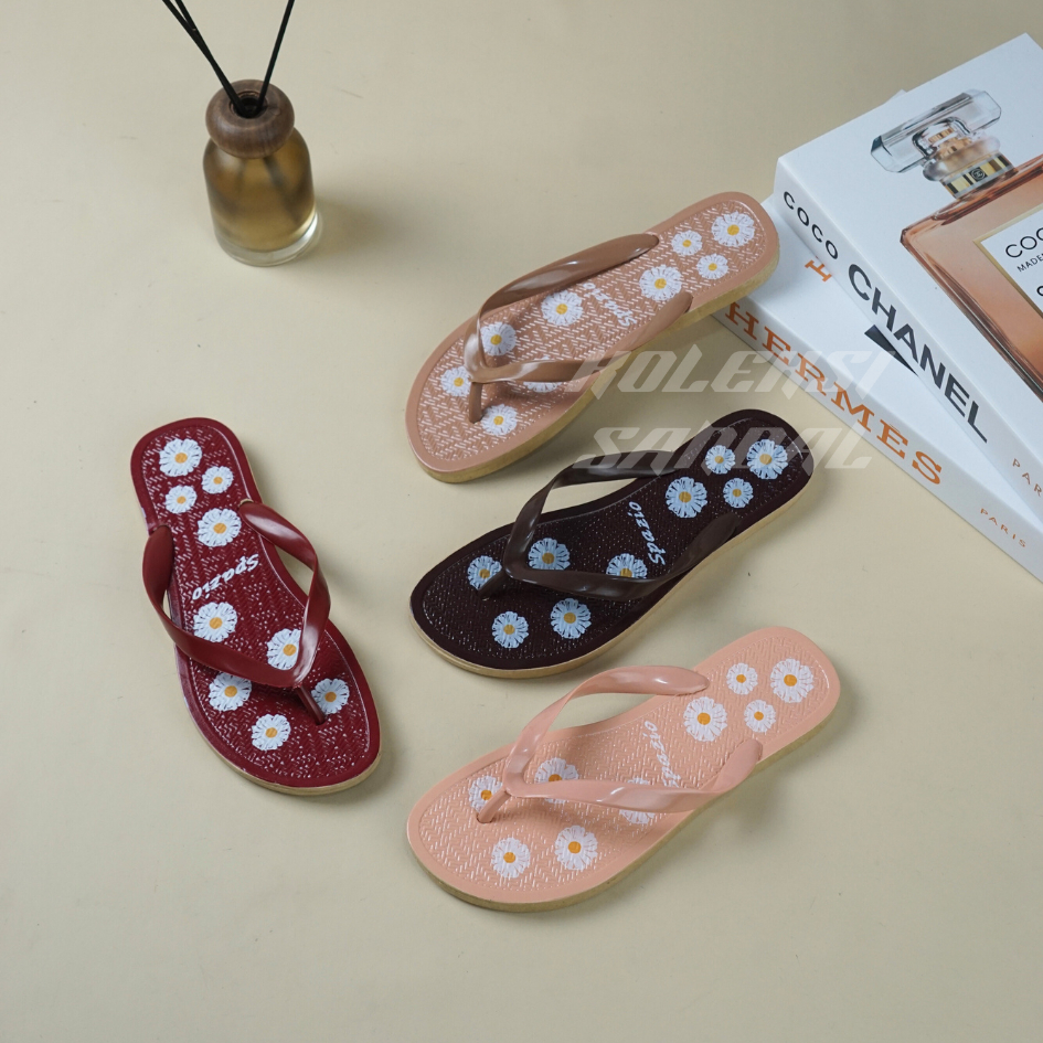 Sandal japit wanita bahan karet motif bunga daisy untuk harian santai rumah size 37-40