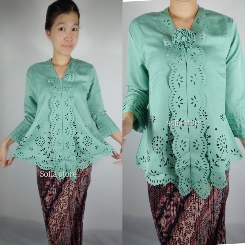 Atasan Kebaya Encim Laser Cut Denaya Warna Hijau Telur Asin Sage Green Kebaya Kartini Moderen