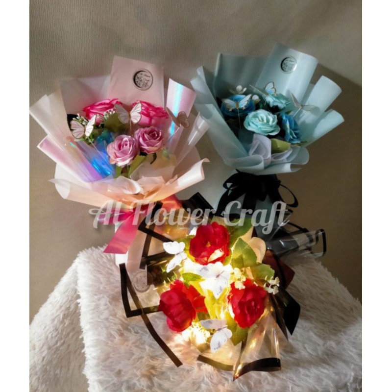 Mini Bouquet Buket Bunga Kupu-Kupu non LED  + Led Lampu For Gift Hadiah Kado Wedding Wisuda Annivers