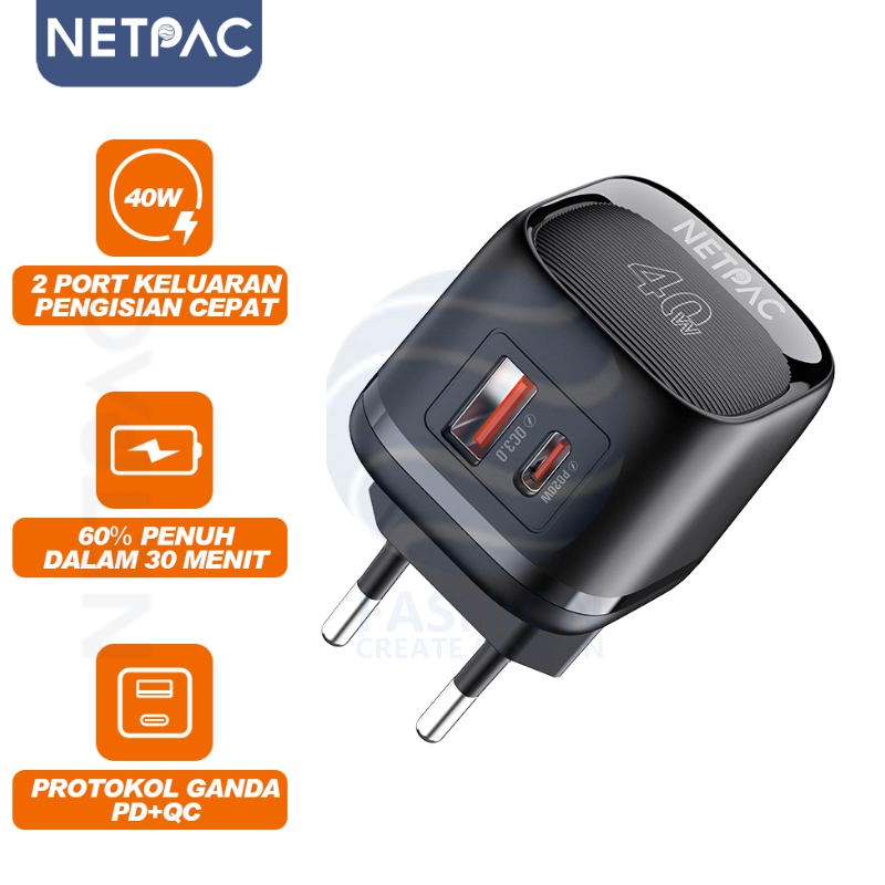 NETPAC AE18 Kepala Charger Fast Charging QC3.0 Type-C+USB Dual Output 40W PD Wall Charger Adaptor Or