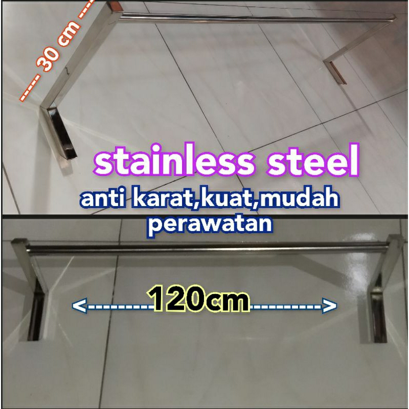 gawang baju STAINLESS tempel dinding 120 cm hanger baju stenlis