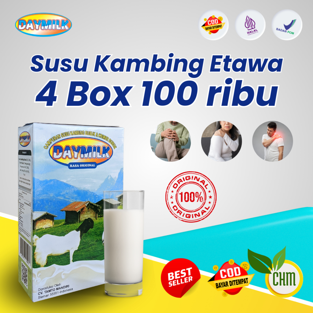

Susu Etawa DAYMILK Original 4 Box 100rb Atasi Masalah Sendi & Pernafasan 200gr Resmi BPOM Halal MUI