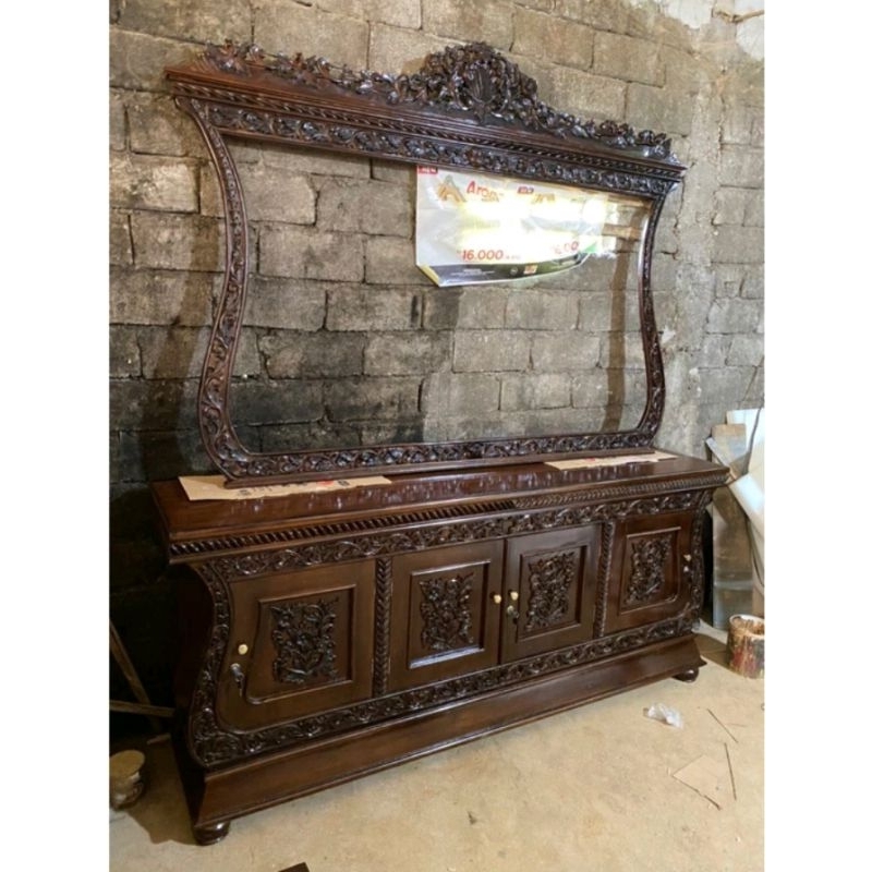 Bufet Console kayu jati ukiran jepara - bufet dan cermin set kayu jati ukir jepara