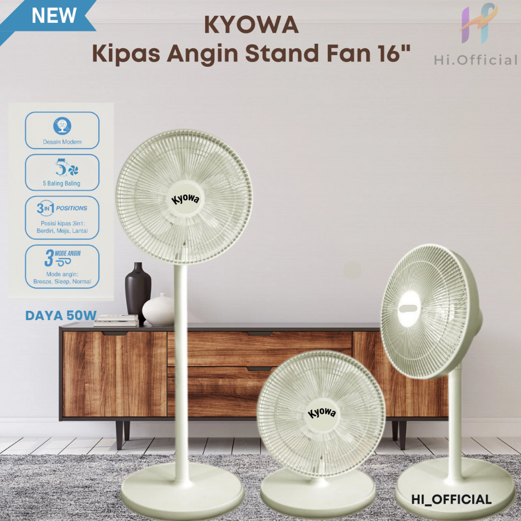 Kipas Angin Standing Kyowa KW-1608A / Kipas Berdiri Dengan Tutup / 5 Baling Baling / Kipas Remote / 