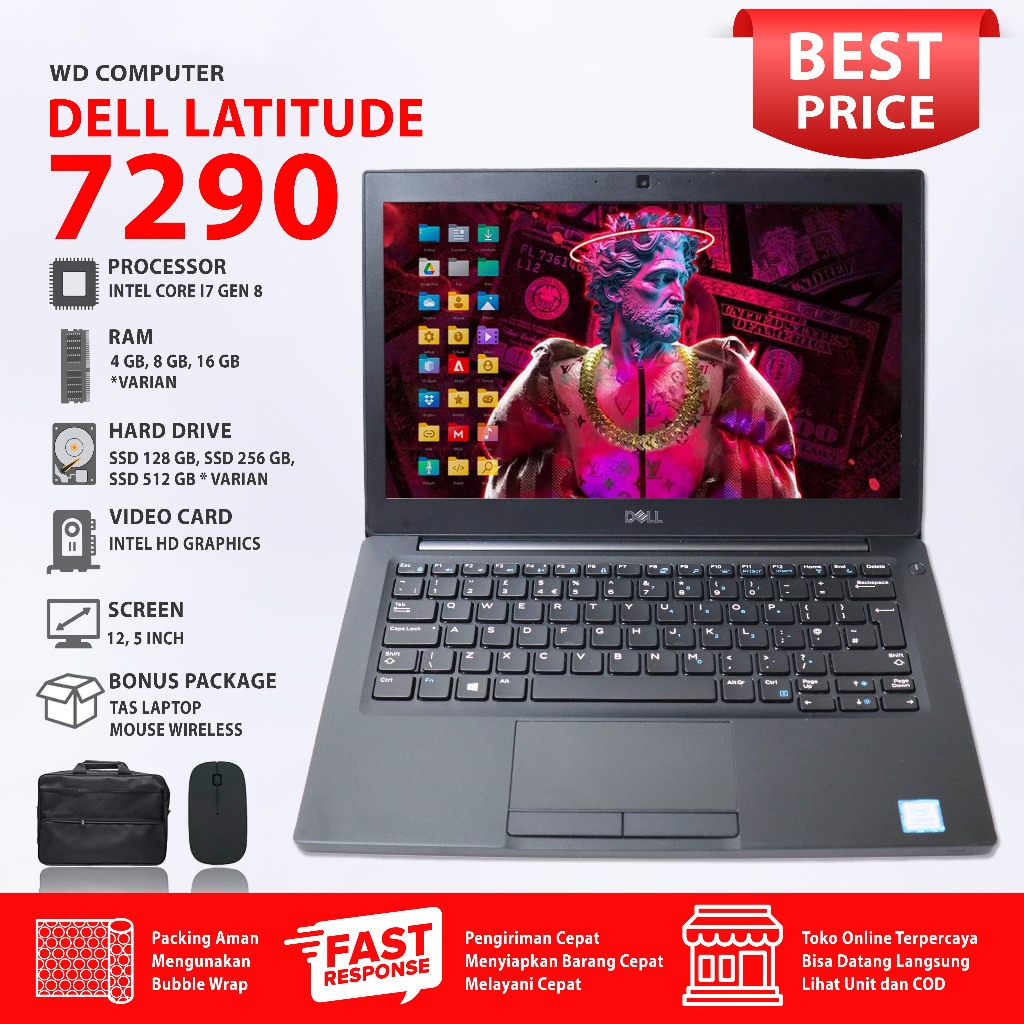 Laptop Bisnis Dell Latitude 7290 core i7 8650U Layar 12 inch | Keyboard US | Windows 11